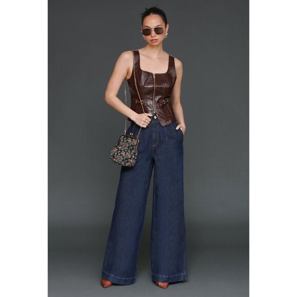 New Avec Les Filles Cinch Waist Wide Leg Jeans Rinse Wash 26 $138 - Picture 2 of 7